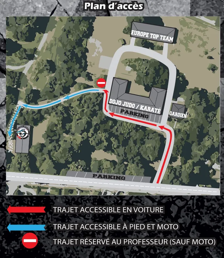Plan d’accès au dojo : trajet en voiture jusqu’au parking du dojo de judo et karaté, puis trajet à pied et à moto jusqu’à la salle MK Team Reims ; le passage le long du bâtiment est réservé au professeur.
